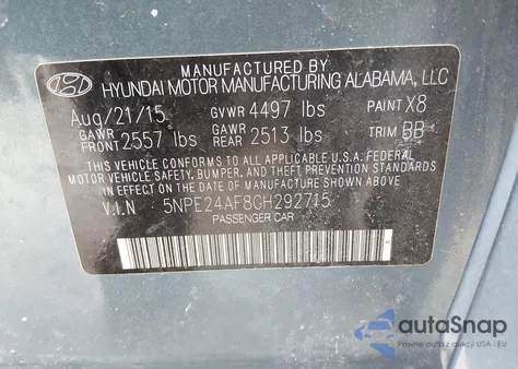 2016 Hyundai Sonata Se z USA, uszkodzony, nr VIN 5NPE24AF8GH292715